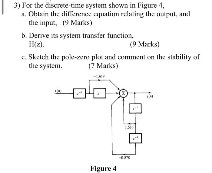 3) For the discrete-time system shown in Figure 4,
a. Obtain the difference equation relating the output, and the input, (9 M