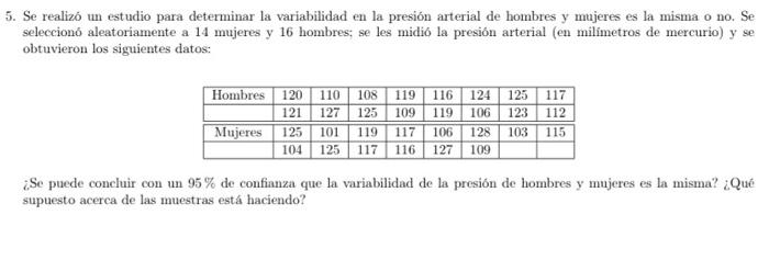 Se realizó un estudio para determinar la variabilidad en la presión arterial de hombres y mujeres es la misma o no. Se selecc