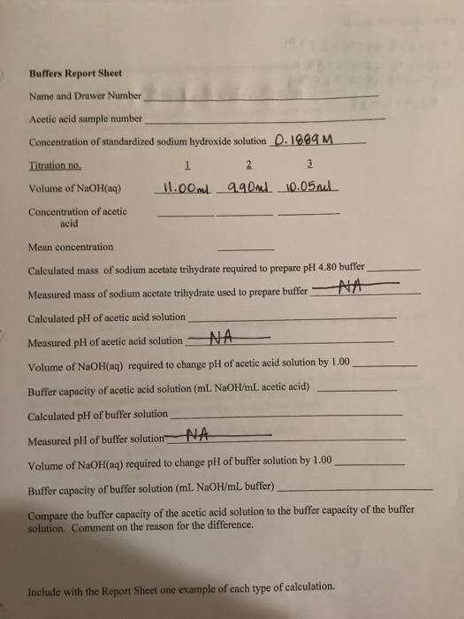 Buffers Report Sheet Name and Drawer Number Acetic