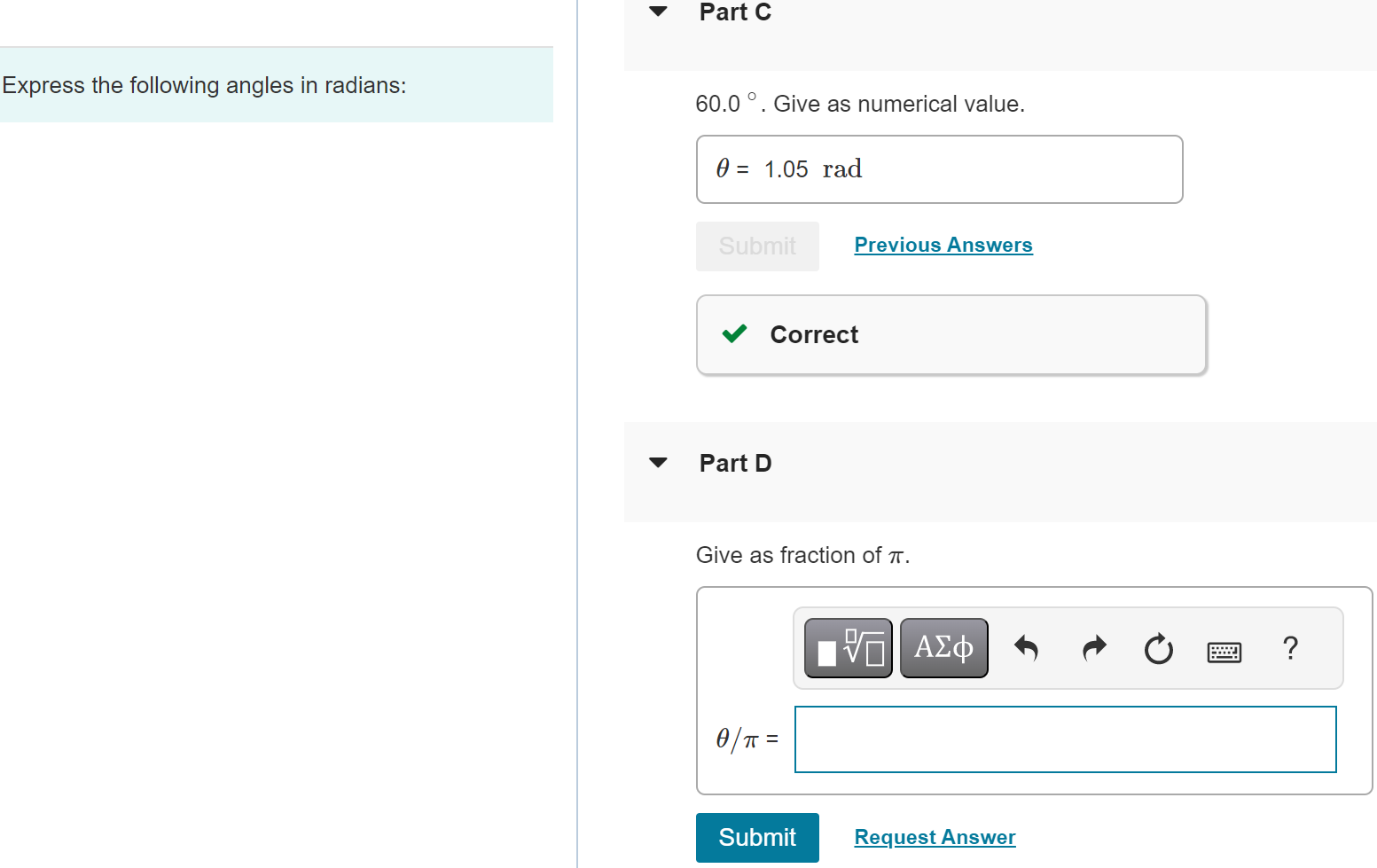 Solved 60.0∘. Give as numerical value. Correct Correct | Chegg.com