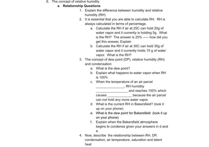 Solved 6. The concept of relative humidity a. Relationship | Chegg.com