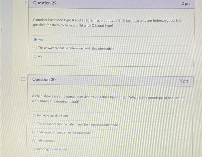 Solved Question 29 2 pts A mother has blood type A and a | Chegg.com