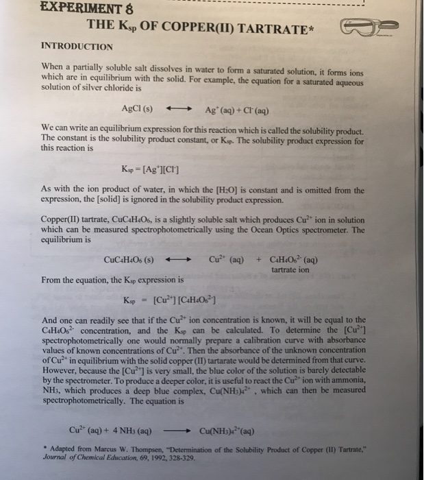 EXPERIMENT 8 THE K. OF COPPER(II) TARTRATE*