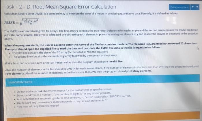 Solved Task - 2 - D: Root Mean Square Error Calculation | Chegg.com