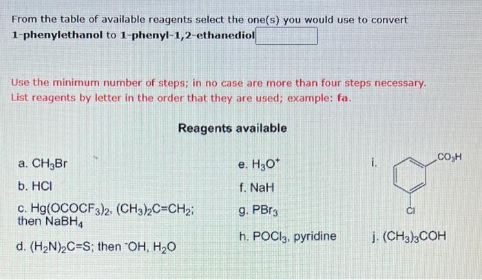 Solved From the table of available reagents select the