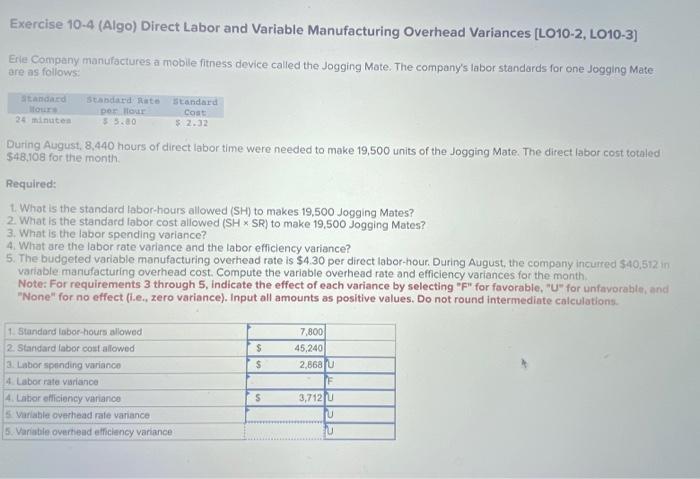 Solved Exercise 10-4 (Algo) Direct Labor and Variable | Chegg.com