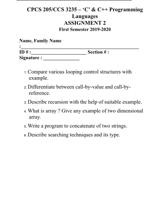 Solved CPCS 205/CCS 3235 - 'C' & C++ Programming Languages | Chegg.com