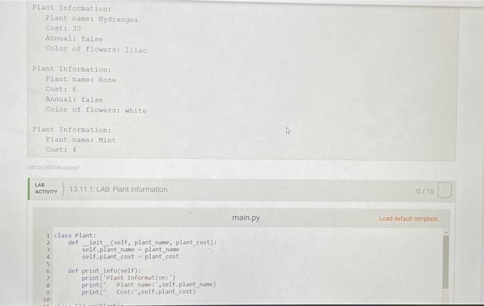 Solved 13.11 LAB: Plant information Given a base Plant class | Chegg.com