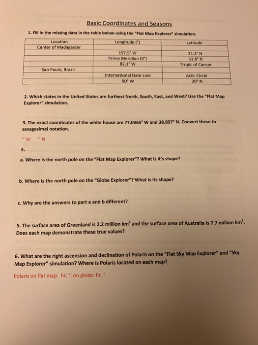 Basic Coordinates And Seasons 1 Fill In The Missing Chegg 