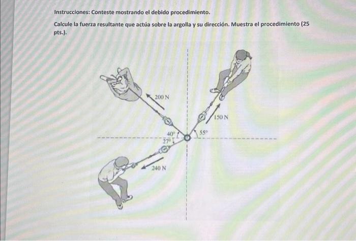 Instrucciones: Conteste mostrando el debido procedimiento. Calcule la fuerza resultante que actúa sobre la argolla y su direc