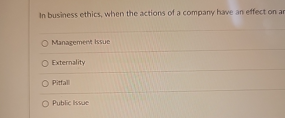 Solved In business ethics, when the actions of a company | Chegg.com
