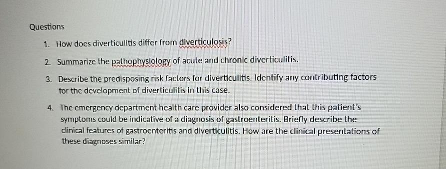 Solved QuestionsHow does diverticulitis differ from | Chegg.com