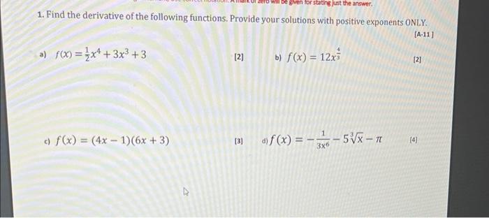 Solved 1. Find the derivative of the following functions. | Chegg.com