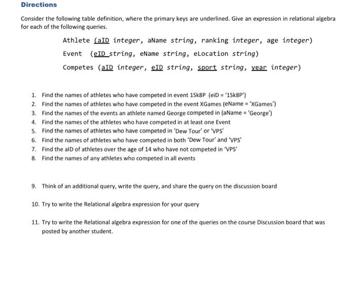 Solved Directions Consider the following table definition, | Chegg.com
