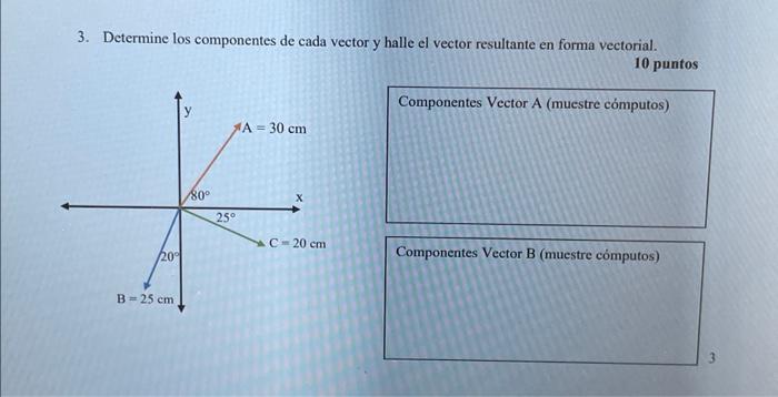 3. Determine los componentes de cada vector y halle el vector resultante en forma vectorial. 10 puntos Componentes Vector A (