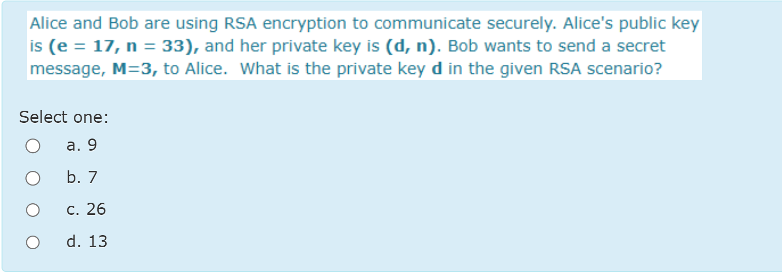 Solved Alice and Bob are using RSA encryption to communicate | Chegg.com