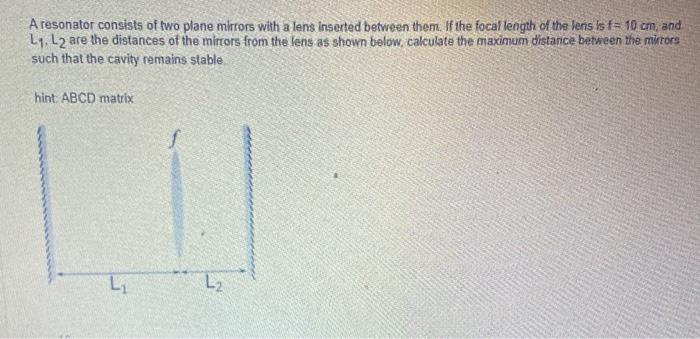 Solved A resonator consists of two plane mirrors with a lens | Chegg.com