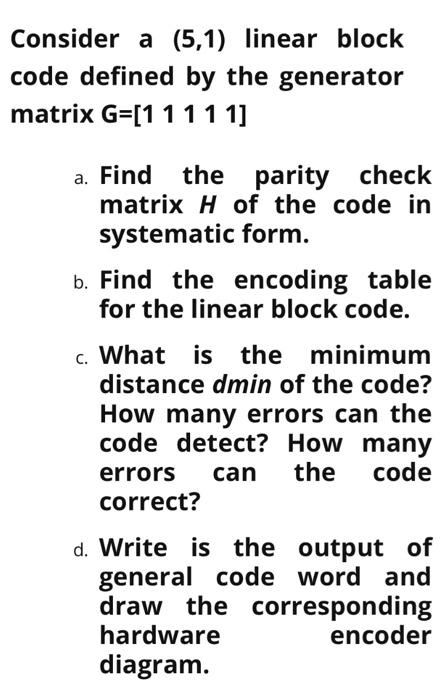 Solved Consider a (5,1) linear block code defined by the | Chegg.com