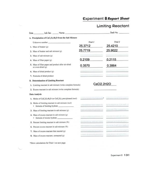 Experiment 8 Report Sheet Limiting Reactant Dole Lob | Chegg.com
