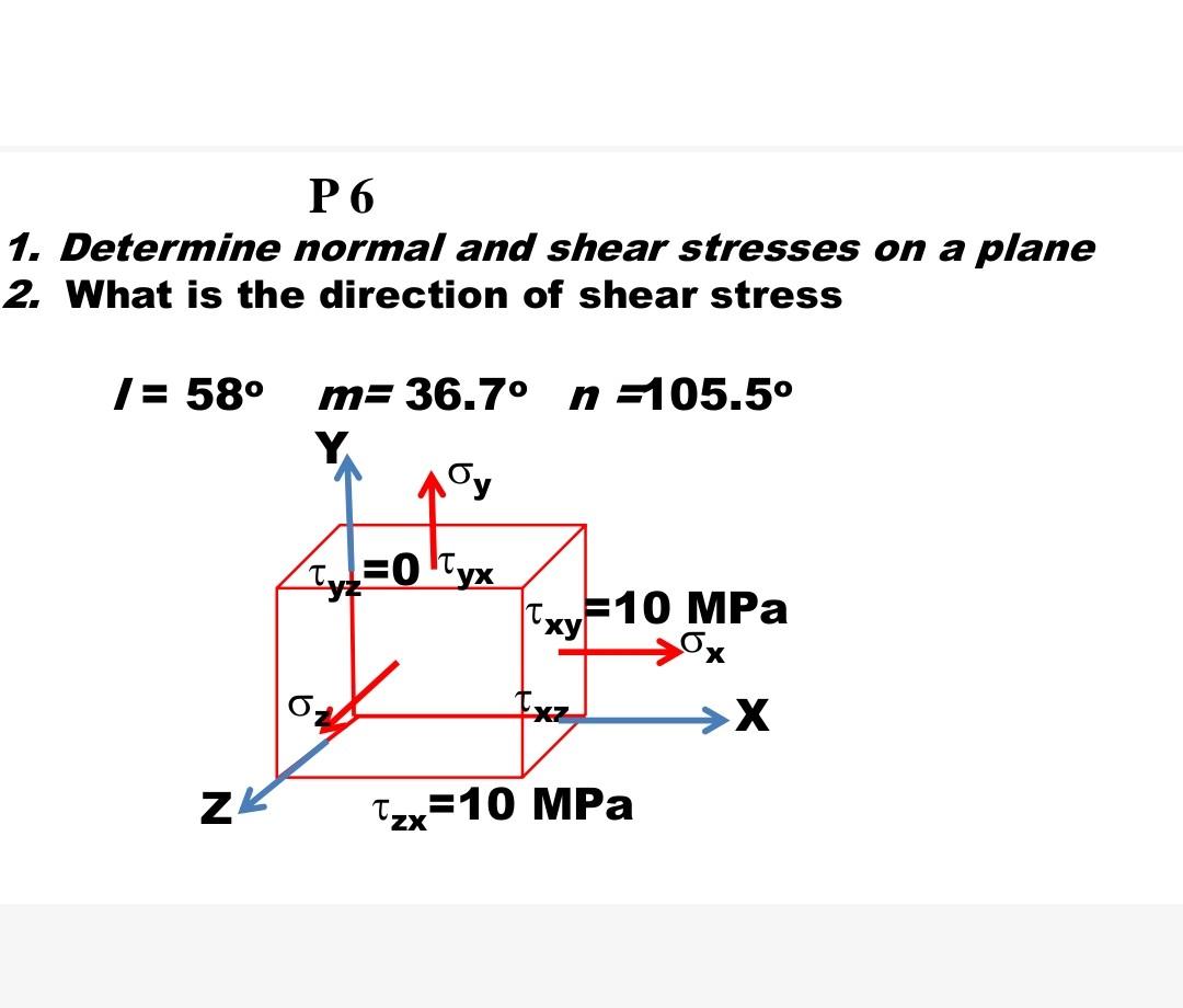 P 6 1. Determine normal and shear stresses on a plane