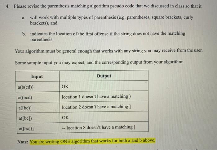Solved 4. Please revise the parenthesis matching algorithm | Chegg.com