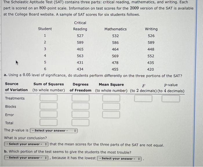 Solved The Scholastic Aptitude Test (SAT) contains three