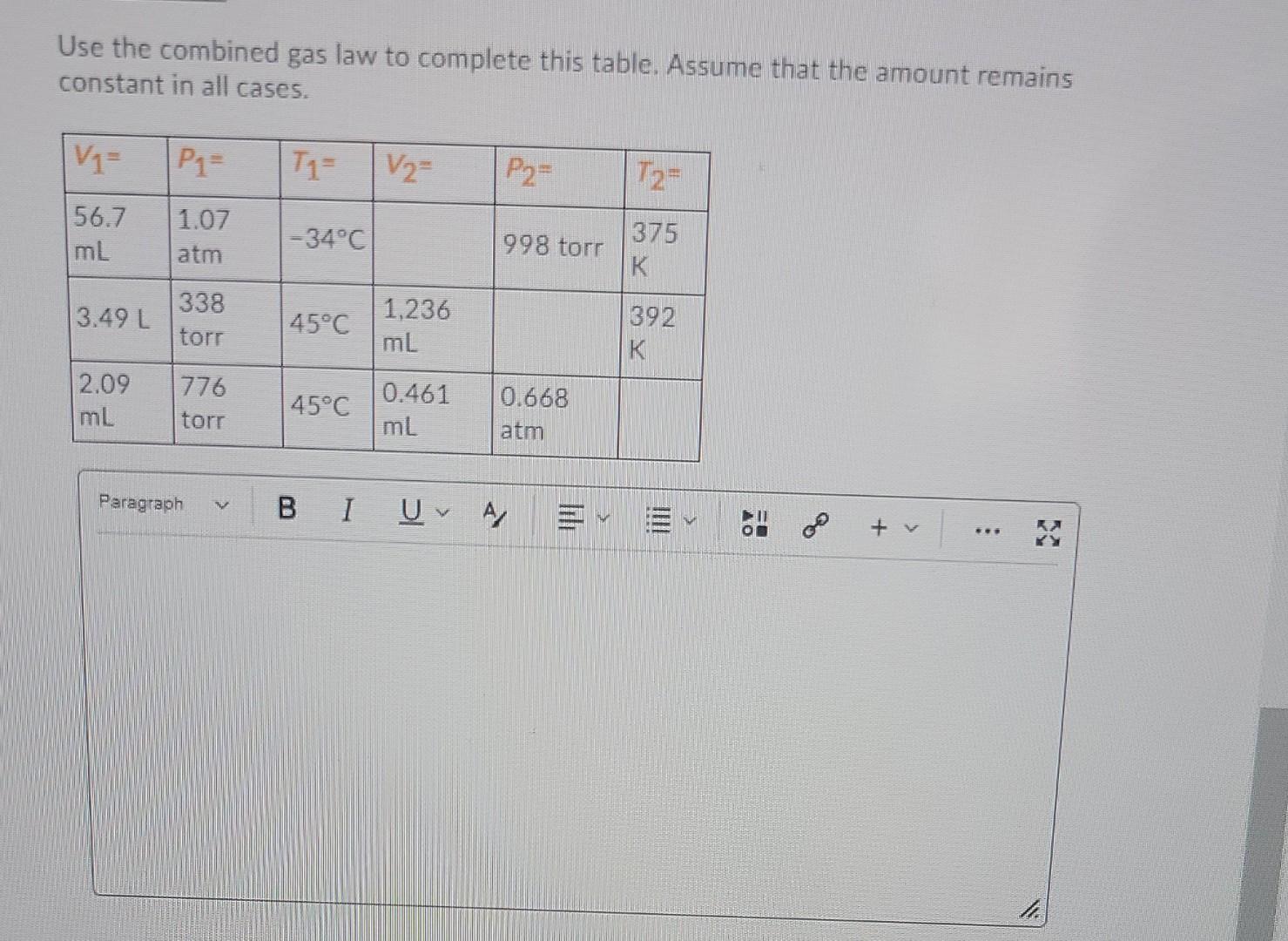 Solved Use the combined gas law to complete this table.