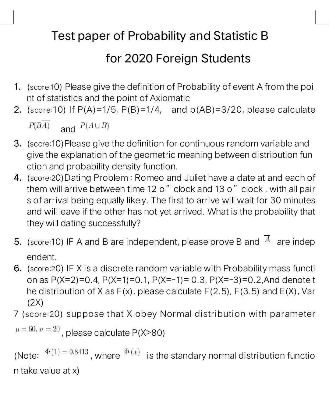 Test Paper Of Probability And Statistic B For Chegg Com