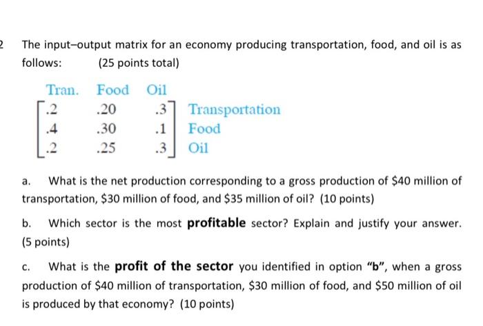 Solved The input-output matrix for an economy producing | Chegg.com