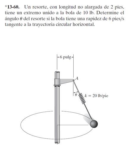 *13-60. Un resorte, con longitud no alargada de 2 pies, tiene un extremo unido a la bola de \( 10 \mathrm{lb} \). Determine e