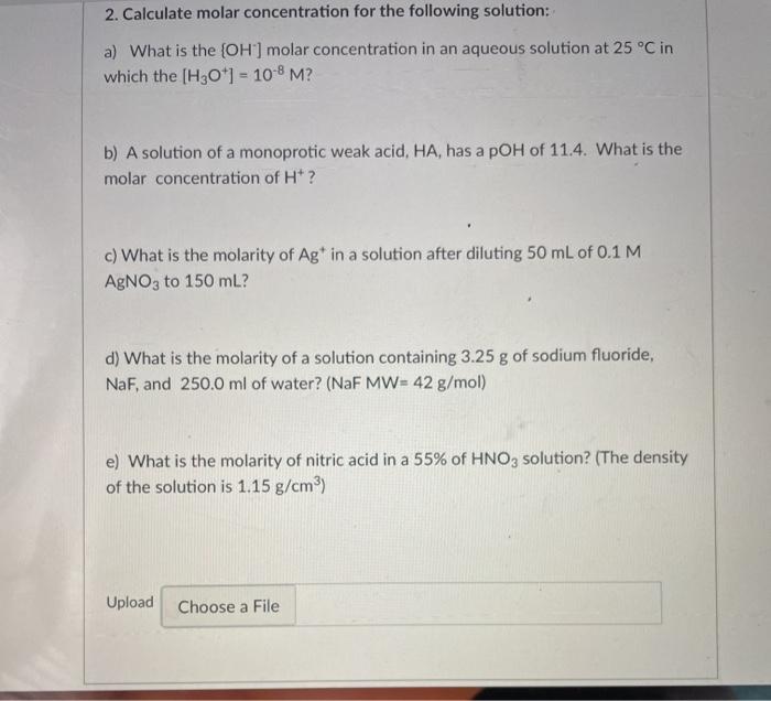 Solved 2. Calculate molar concentration for the following | Chegg.com