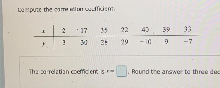 Solved Compute the correlation coefficient. X y 2 3 17 35 30 | Chegg.com
