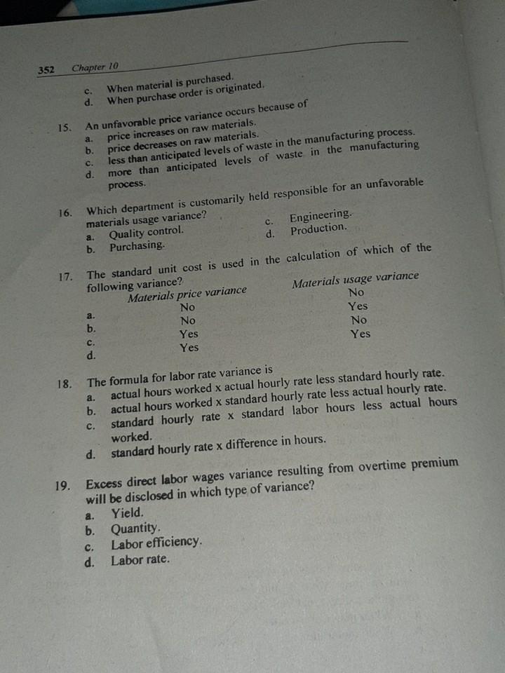 Solved 352 Chapter 10 c. d. When material is purchased. When 