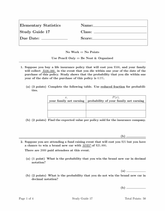 Solved Elementary Statistics Name: Class: Study Guide 17 Due | Chegg.com