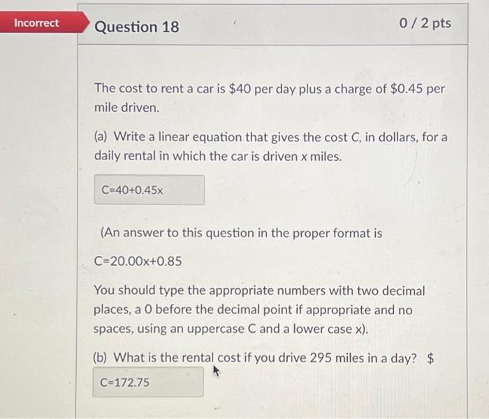 Solved The cost to rent a car is $40 per day plus a charge | Chegg.com