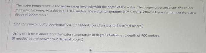 Solved The water temperature in the ocean varies inversely | Chegg.com