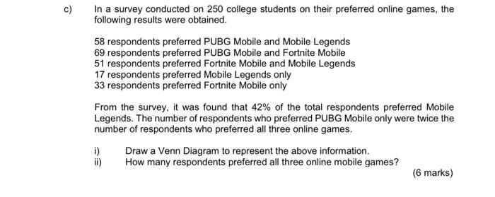 Solved c) In a survey conducted on 250 college students on | Chegg.com