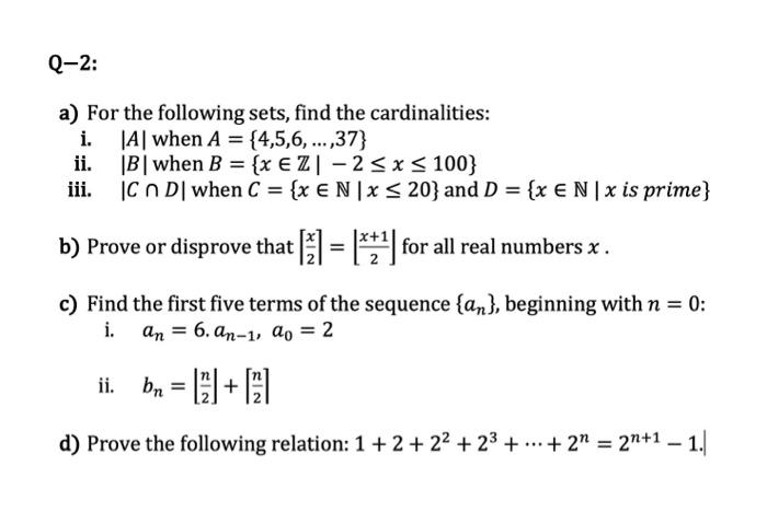 A) For The Following Sets, Find The Cardinalities: I. | Chegg.com