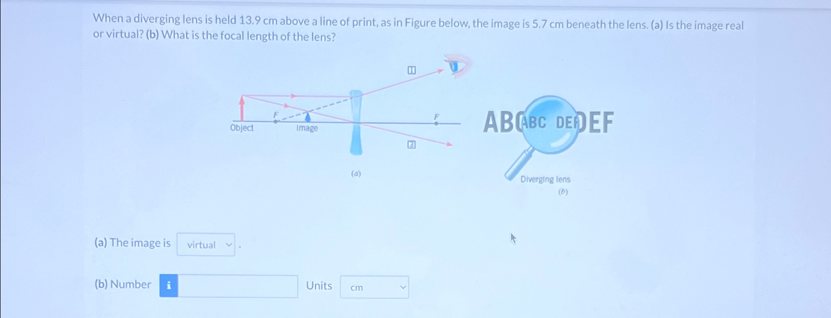 Solved When A Diverging Lens Is Held 13.9cm ﻿above A Line Of | Chegg.com