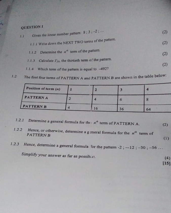 Solved 1.2 QUESTION 1 1.1 Given the linear number pattern: | Chegg.com