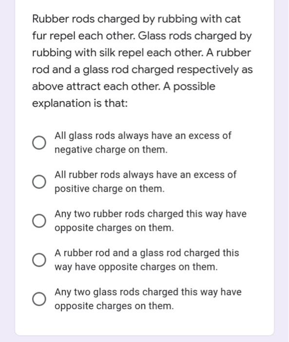 Solved Rubber rods charged by rubbing with cat fur repel