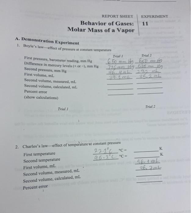 EXPERIMENT REPORT SHEET Behavior of Gases Molar Mass