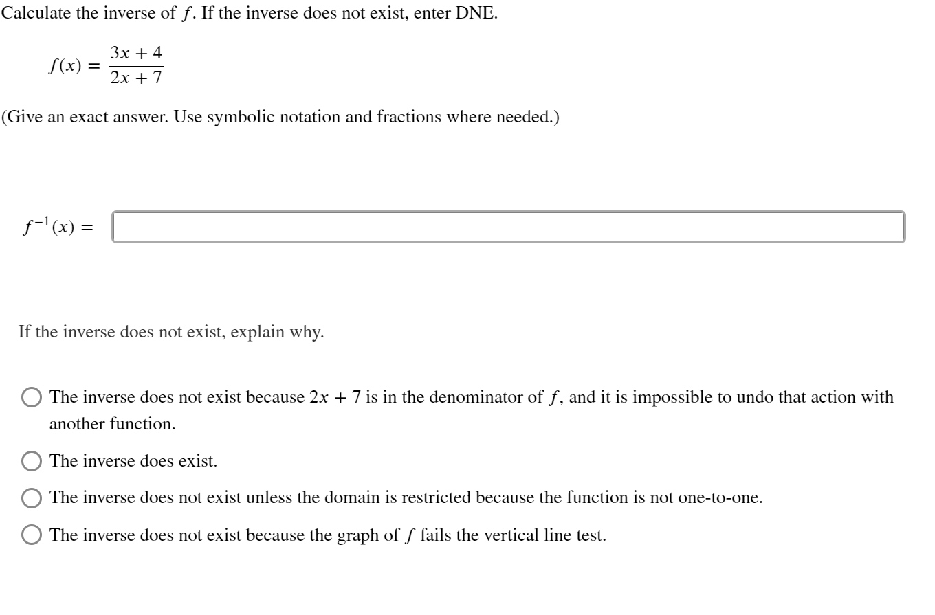 Solved Calculate the inverse of f. ﻿If the inverse does not | Chegg.com