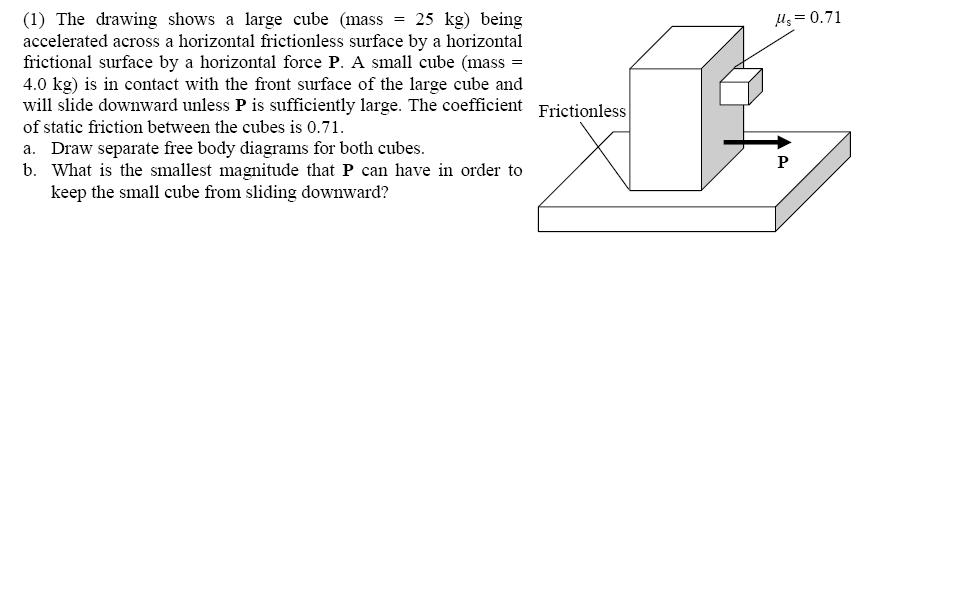 The drawing shows a large cube (mass = 25 kg) being