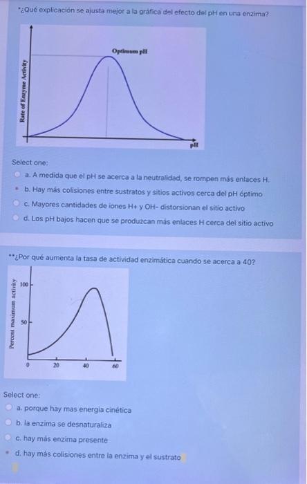 ¿Qué explicación se ajusta mejor a la gráfica del efecto del pH en ura enzima? Select one: a. A medida que el pH se acerca a