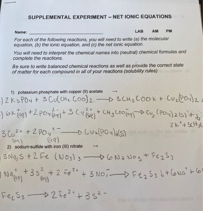 Solved SUPPLEMENTAL EXPERIMENT NET IONIC EQUATIONS Name