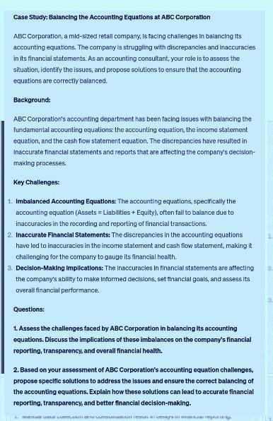 Solved Case Stucly: Balancing the Accounting Equations at | Chegg.com