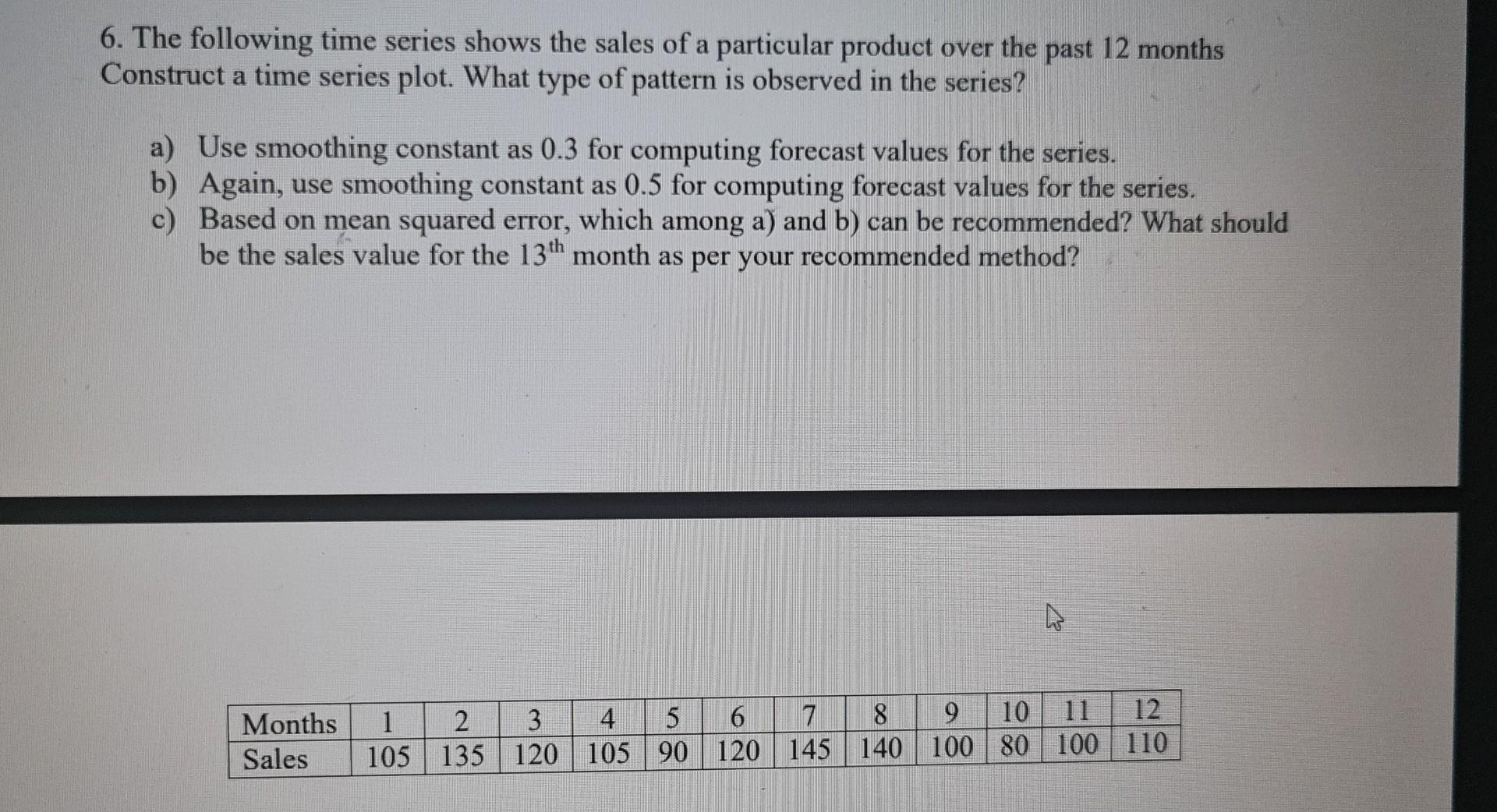 Solved 6. The following time series shows the sales of a | Chegg.com