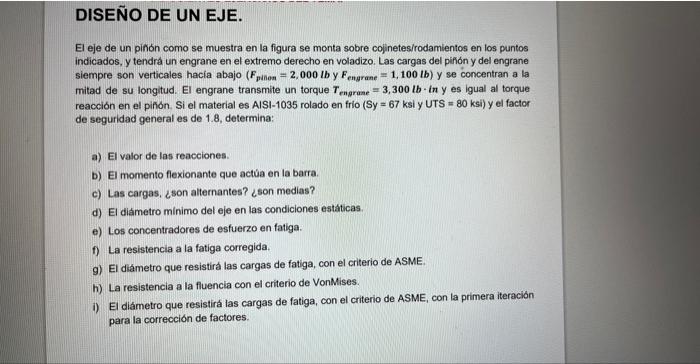 El eje de un pinón como se muestra en la figura se monta sobre cojinetes/rodamientos en los puntos indicados, y tendrá un eng