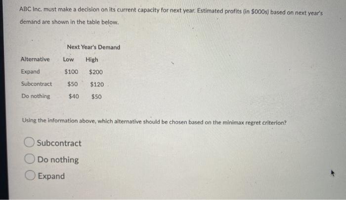 Solved ABC Inc Must Make A Decision On Its Current Capacity Chegg